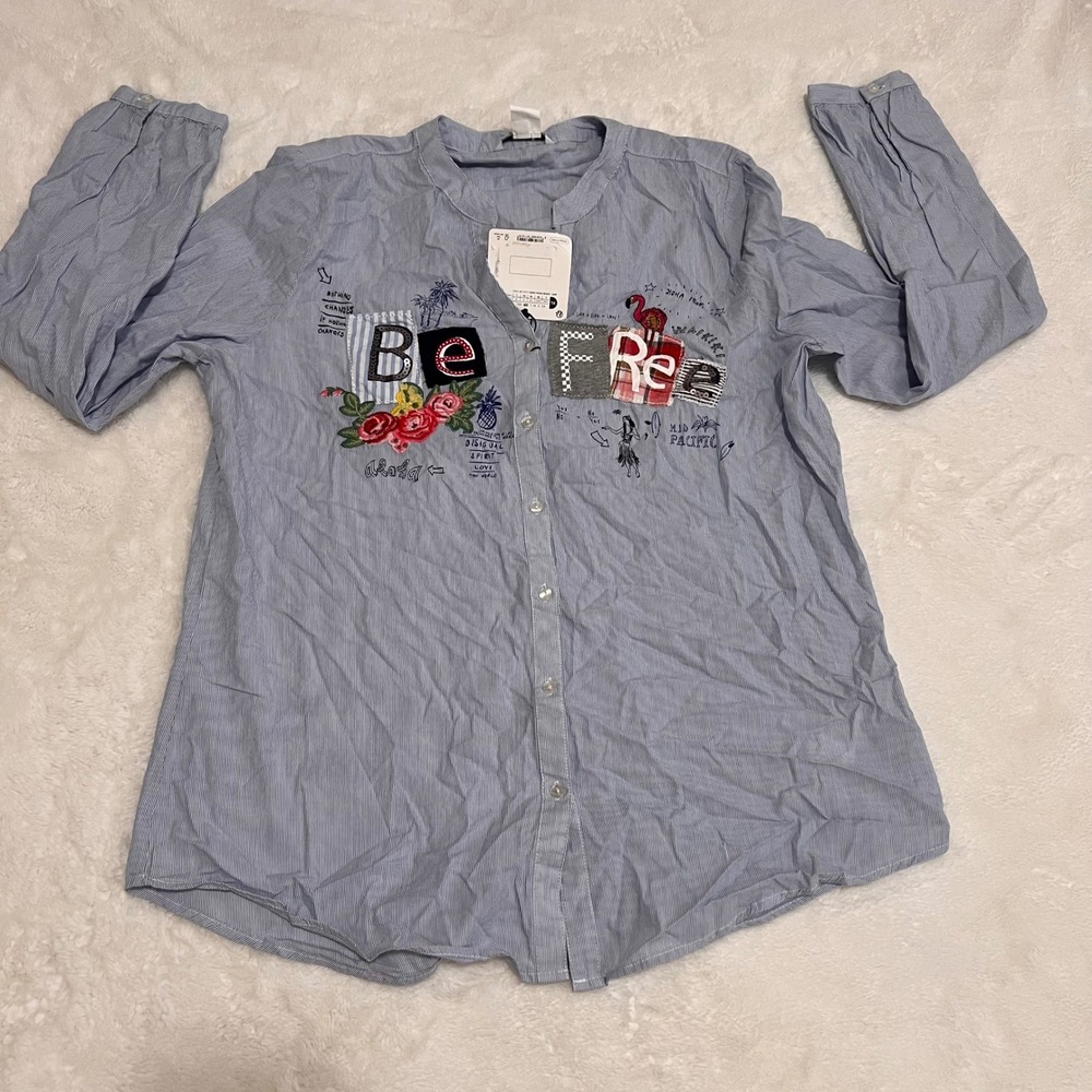 Desigual Striped Embroidered Patch Button Up Shirt Blue Long Sleeve Collared NWT